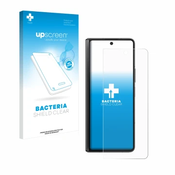 Face avant d’un emballage produit avec le logo de la marque upscreen. À côté, l’appareil Samsung Galaxy Z Fold 5 est représent