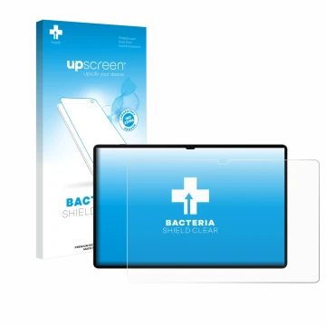 Face avant d’un emballage produit avec le logo de la marque upscreen. À côté, l’appareil Samsung Galaxy Tab S9 Ultra WiFi est 