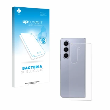 Face avant d’un emballage produit avec le logo de la marque upscreen. À côté, l’appareil Samsung Galaxy Z Fold 5 (Arrière) est