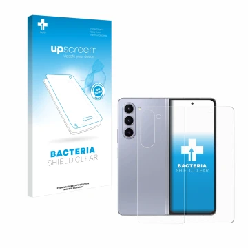 Face avant d’un emballage produit avec le logo de la marque upscreen. À côté, l’appareil Samsung Galaxy Z Fold 5 (Avant+Arrièr