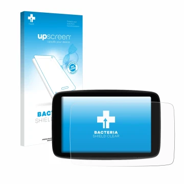 Face avant d’un emballage produit avec le logo de la marque upscreen. À côté, l’appareil TomTom GO Expert Plus 7