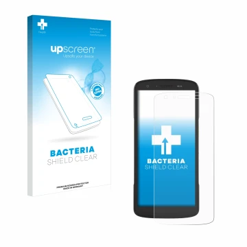 Face avant d’un emballage produit avec le logo de la marque upscreen. À côté, l’appareil Zebra TC27 est représenté avec la pro