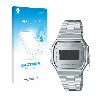 Face avant d’un emballage produit avec le logo de la marque upscreen. À côté, l’appareil Casio A168WEM-7EF est représenté avec