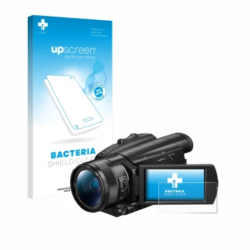 Face avant d’un emballage produit avec le logo de la marque upscreen. À côté, l’appareil Sony FDR-AX700 est représenté avec la