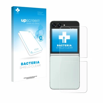 Face avant d’un emballage produit avec le logo de la marque upscreen. À côté, l’appareil Samsung Galaxy Z Flip 5 (Arrière) est