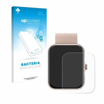 Face avant d’un emballage produit avec le logo de la marque upscreen. À côté, l’appareil Mutoy Smartwatch 1.83