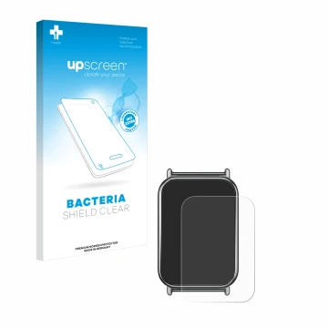 Face avant d’un emballage produit avec le logo de la marque upscreen. À côté, l’appareil Xiaomi Mi Band 8 Pro est représenté a