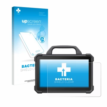 Face avant d’un emballage produit avec le logo de la marque upscreen. À côté, l’appareil Launch X-431 Tab VII (Tab 7) Elite es