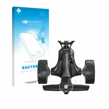 Face avant d’un emballage produit avec le logo de la marque upscreen. À côté, l’appareil Motocaddy M7 GPS Electric Trolley est