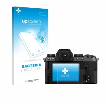 Face avant d’un emballage produit avec le logo de la marque upscreen. À côté, l’appareil Fujifilm X-S20 est représenté avec la