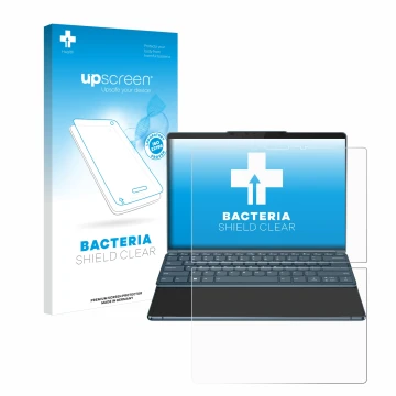 Face avant d’un emballage produit avec le logo de la marque upscreen. À côté, l’appareil Lenovo Yoga Book 9i Gen 8 est représe