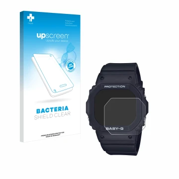 Face avant d’un emballage produit avec le logo de la marque upscreen. À côté, l’appareil Casio Baby-G BGD-565 est représenté a