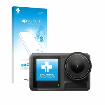 Face avant d’un emballage produit avec le logo de la marque upscreen. À côté, l’appareil DJI Osmo Action 4 (Affichage avant) e