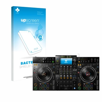 Face avant d’un emballage produit avec le logo de la marque upscreen. À côté, l’appareil Pioneer XDJ -XZ est représenté avec l