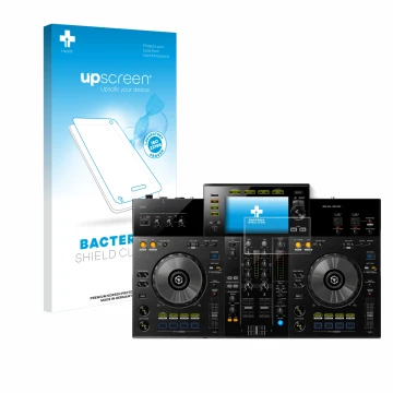 Face avant d’un emballage produit avec le logo de la marque upscreen. À côté, l’appareil Pioneer XDJ -RR est représenté avec l