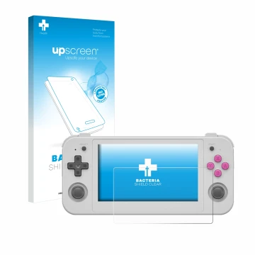 Face avant d’un emballage produit avec le logo de la marque upscreen. À côté, l’appareil Anbernic RG505 est représenté avec la