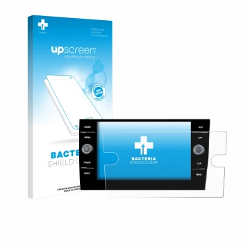 Face avant d’un emballage produit avec le logo de la marque upscreen. À côté, l’appareil Volkswagen Taigo Discover Media 8” 20