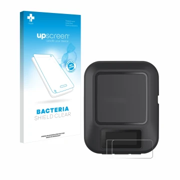 Face avant d’un emballage produit avec le logo de la marque upscreen. À côté, l’appareil Garmin inReach Messenger est représen