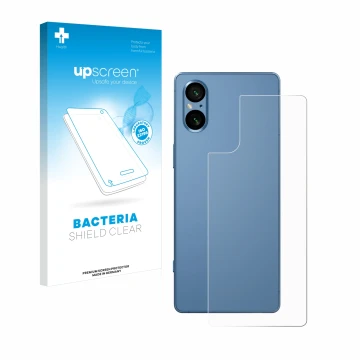Face avant d’un emballage produit avec le logo de la marque upscreen. À côté, l’appareil Sony Xperia 5 V (Arrière) est représe
