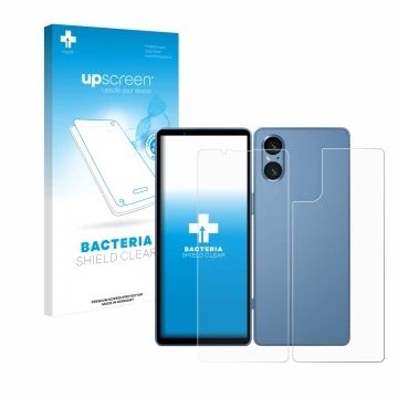 Face avant d’un emballage produit avec le logo de la marque upscreen. À côté, l’appareil Sony Xperia 5 V (Avant+Arrière) est r