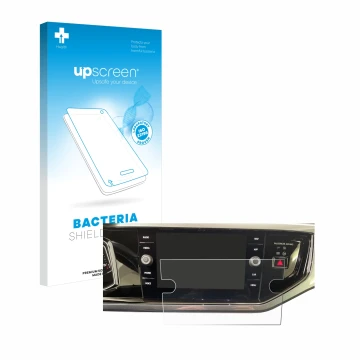 Face avant d’un emballage produit avec le logo de la marque upscreen. À côté, l’appareil Volkswagen Polo VI Ready 2 Discover 8