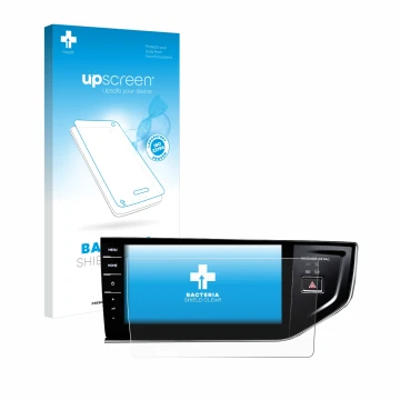 Face avant d’un emballage produit avec le logo de la marque upscreen. À côté, l’appareil Volkswagen Polo VI Discover Pro 9,2