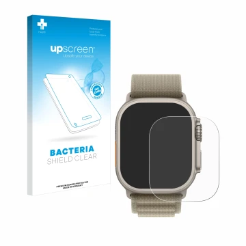 Face avant d’un emballage produit avec le logo de la marque upscreen. À côté, l’appareil Apple Watch Ultra 2 (49 mm) est repré