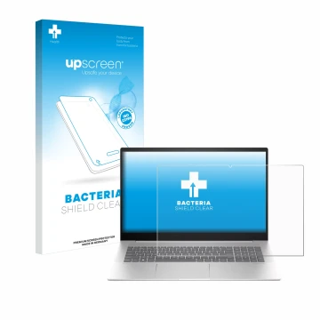 Face avant d’un emballage produit avec le logo de la marque upscreen. À côté, l’appareil HP Envy 17-cw0000 est représenté avec