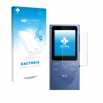 Face avant d’un emballage produit avec le logo de la marque upscreen. À côté, l’appareil Sony Walkman NW-E394 est représenté a