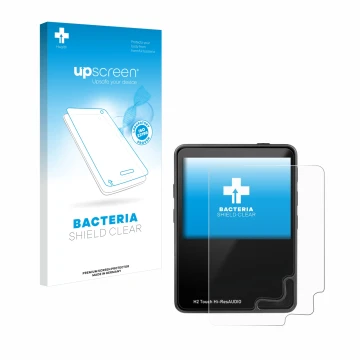 Face avant d’un emballage produit avec le logo de la marque upscreen. À côté, l’appareil HifiWalker H2 touch est représenté av