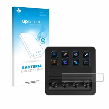 Face avant d’un emballage produit avec le logo de la marque upscreen. À côté, l’appareil Elgato Stream Deck + est représenté a