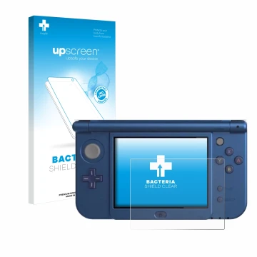 Face avant d’un emballage produit avec le logo de la marque upscreen. À côté, l’appareil Nintendo New 3DS XL (Affichage inféri