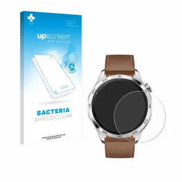 Face avant d’un emballage produit avec le logo de la marque upscreen. À côté, l’appareil Huawei Watch GT 4 (46mm) est représen