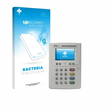 Face avant d’un emballage produit avec le logo de la marque upscreen. À côté, l’appareil ingenico eHealth ORGA Neo 6141 est re