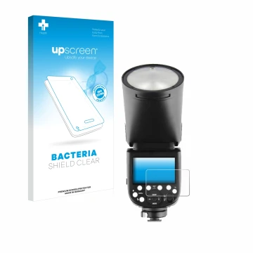 Face avant d’un emballage produit avec le logo de la marque upscreen. À côté, l’appareil Godox V1 est représenté avec la prote