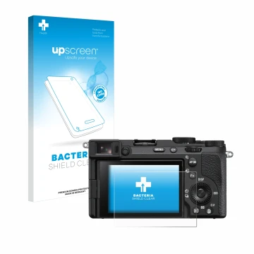 Face avant d’un emballage produit avec le logo de la marque upscreen. À côté, l’appareil Sony Alpha 7CR est représenté avec la