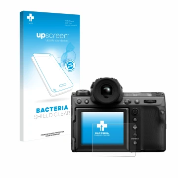 Face avant d’un emballage produit avec le logo de la marque upscreen. À côté, l’appareil Fujifilm GFX100 II est représenté ave
