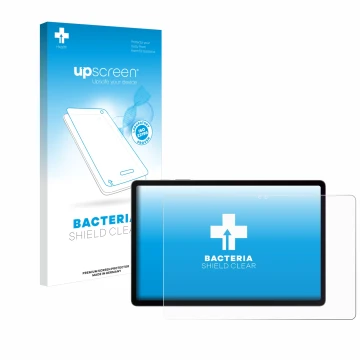 Face avant d’un emballage produit avec le logo de la marque upscreen. À côté, l’appareil Samsung Galaxy Tab S9 FE+ est représe