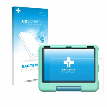 Face avant d’un emballage produit avec le logo de la marque upscreen. À côté, l’appareil Amazon Fire HD 10 Kids 2023 est repré
