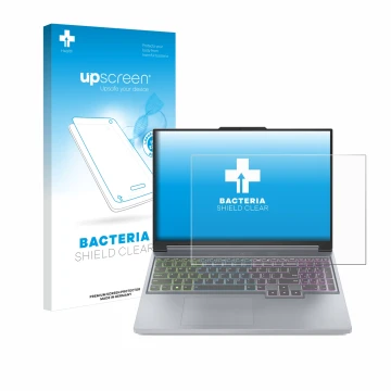 Face avant d’un emballage produit avec le logo de la marque upscreen. À côté, l’appareil Lenovo Legion Slim 5 Gen 8 16