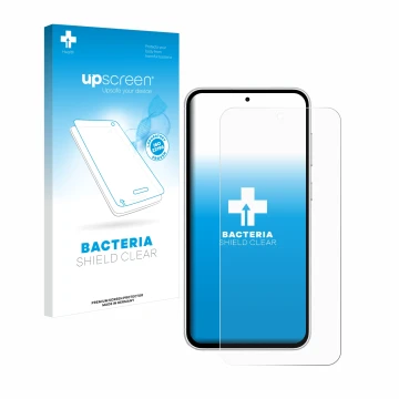 Face avant d’un emballage produit avec le logo de la marque upscreen. À côté, l’appareil Samsung Galaxy S23 FE est représenté 