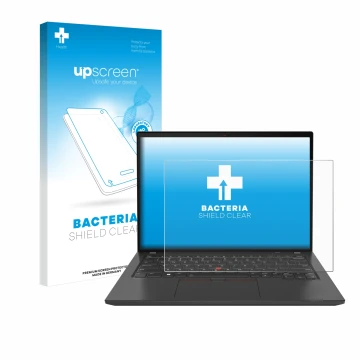 Face avant d’un emballage produit avec le logo de la marque upscreen. À côté, l’appareil Lenovo ThinkPad T16 Gen 3 est représe