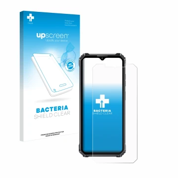 Face avant d’un emballage produit avec le logo de la marque upscreen. À côté, l’appareil Oukitel WP28 est représenté avec la p