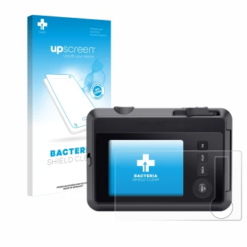 Face avant d’un emballage produit avec le logo de la marque upscreen. À côté, l’appareil Leica SOFORT 2 est représenté avec la