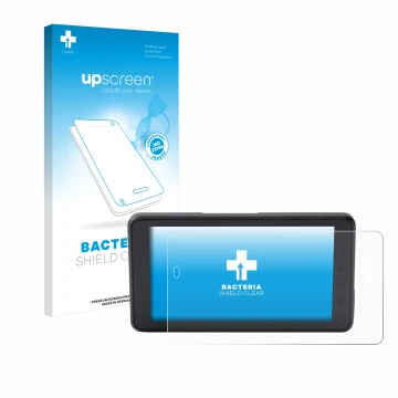 Face avant d’un emballage produit avec le logo de la marque upscreen. À côté, l’appareil BMW ConnectedRide Navigator est repré