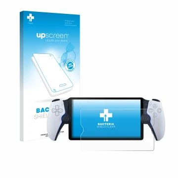 Face avant d’un emballage produit avec le logo de la marque upscreen. À côté, l’appareil Sony Playstation Portal est représent