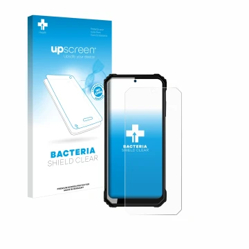 Face avant d’un emballage produit avec le logo de la marque upscreen. À côté, l’appareil Oukitel WP23 est représenté avec la p