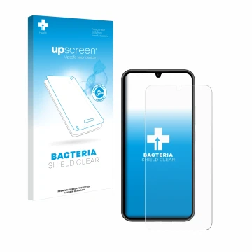 Face avant d’un emballage produit avec le logo de la marque upscreen. À côté, l’appareil Samsung Galaxy A34 5G Enterprise Edit