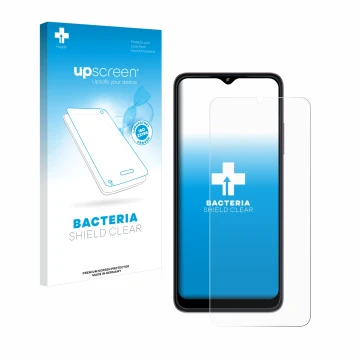 Face avant d’un emballage produit avec le logo de la marque upscreen. À côté, l’appareil Telekom T Phone (2023) est représenté