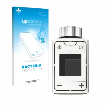 Face avant d’un emballage produit avec le logo de la marque upscreen. À côté, l’appareil AVM FRITZ!DECT 302 est représenté ave